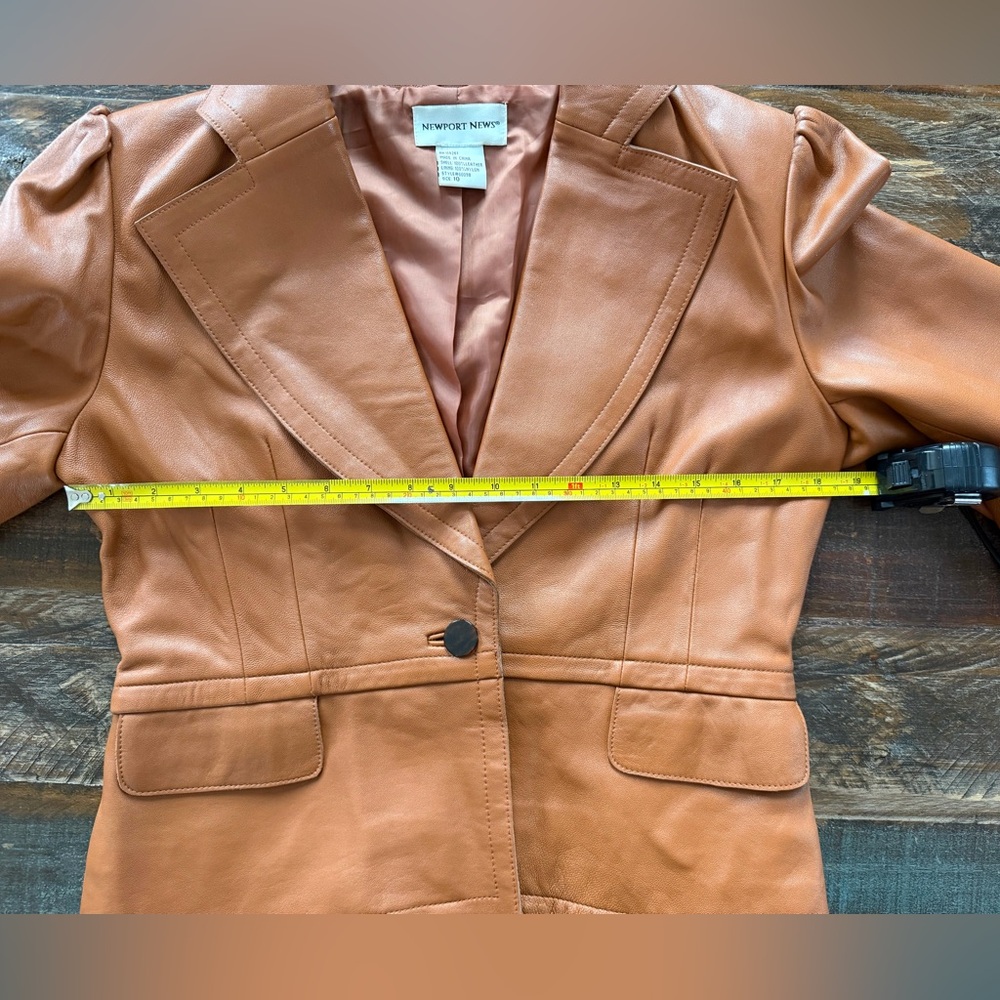 Newport News Women’s 10 Leather Caramel 3/4 Wide Flare Sleeve Blazer | SKU 0134 - Picture 3 of 7